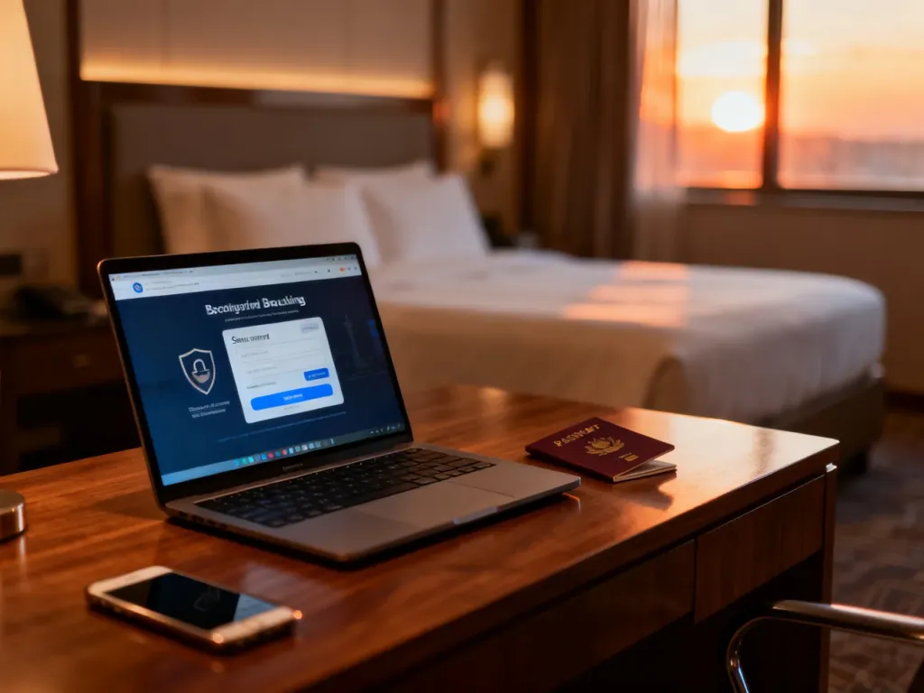Nowoczesny pokój hotelowy z laptopem, paszportem i telefonem na biurku, symbolizujący bezpieczną rezerwację noclegu online.