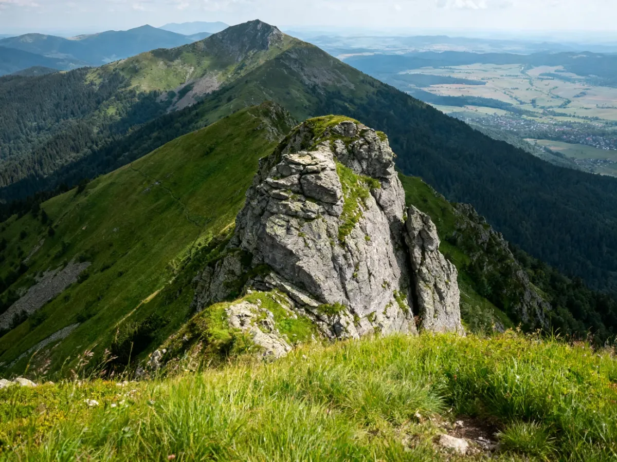 Malinowska Skała on an open mountain ridge with wide Beskid panoramas