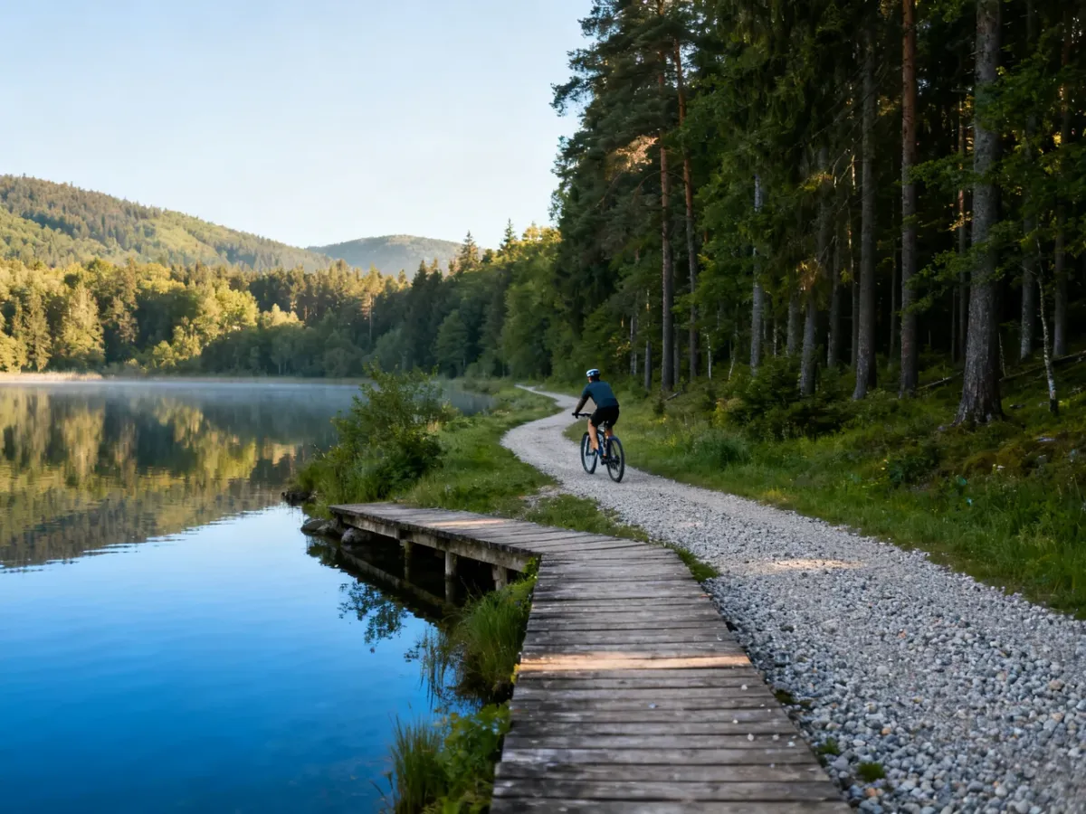 Rowerzysta na leśnej trasie nad jeziorem Wigry