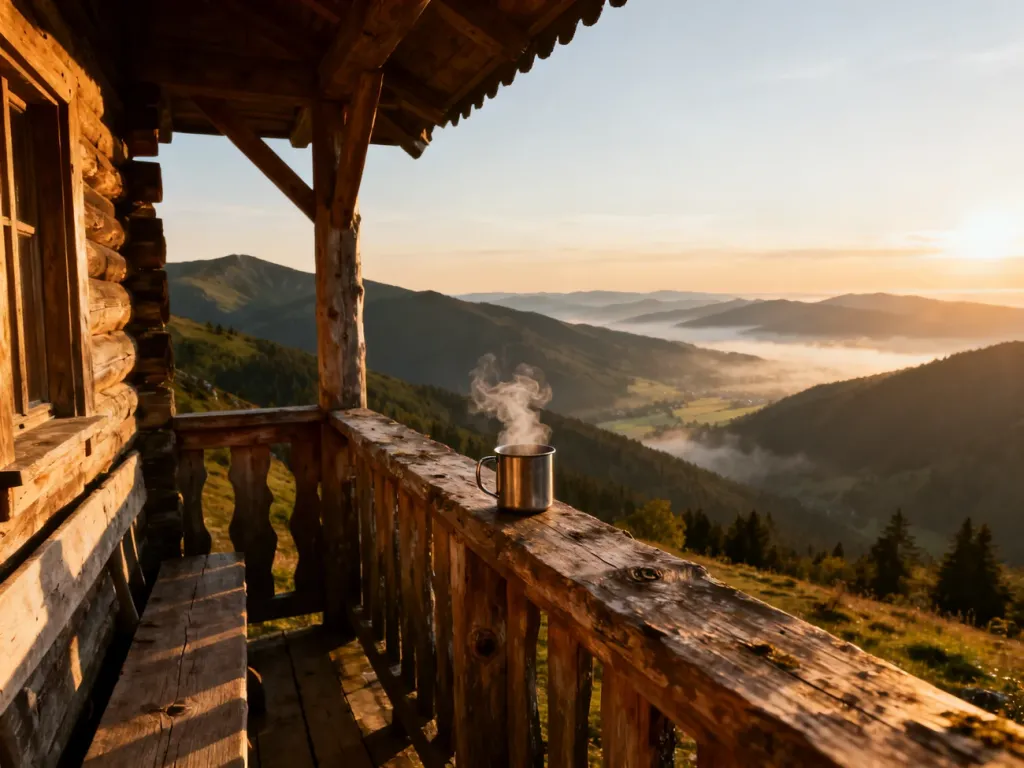 Drewniany balkon beskidzkiego schroniska z parującym kubkiem na tle górskiego krajobrazu o zachodzie słońca.