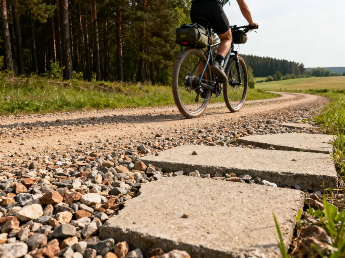 Rowerzysta przemierzający zróżnicowany, częściowo szutrowy odcinek szlaku Green Velo