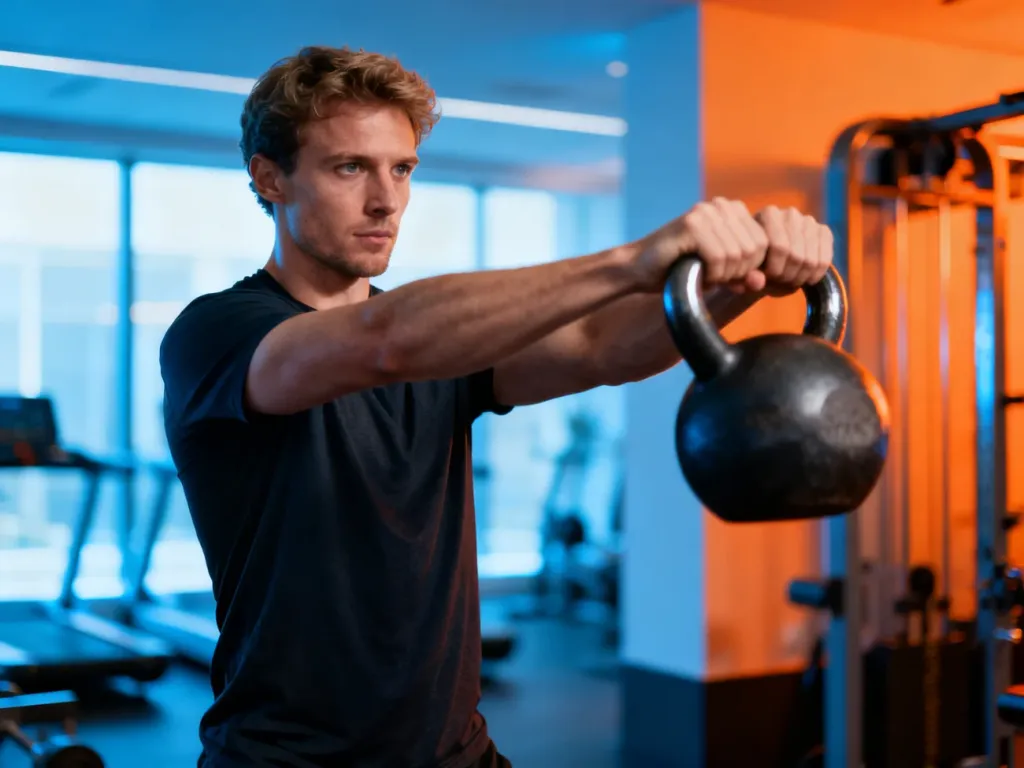 Mężczyzna ćwiczący z odważnikiem kettlebell pod okiem trenera w nowoczesnej siłowni.