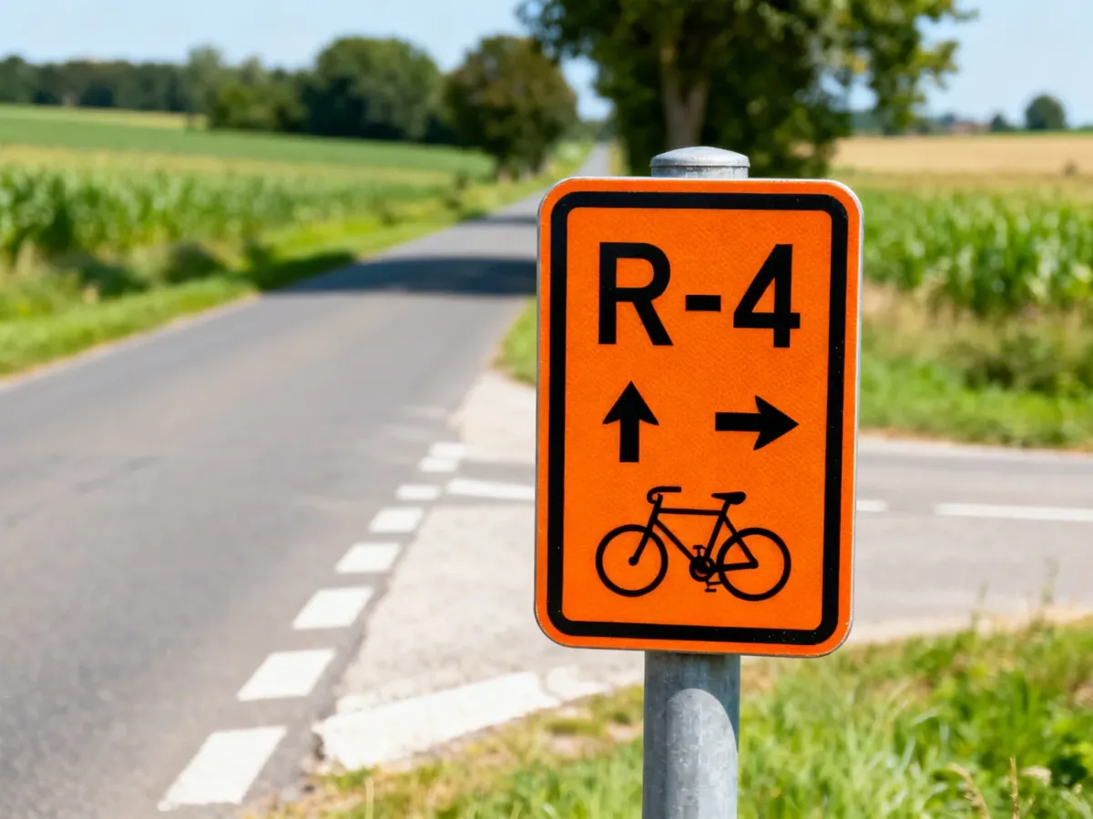 Pomarańczowy znak R-4 przy skrzyżowaniu na trasie rowerowej