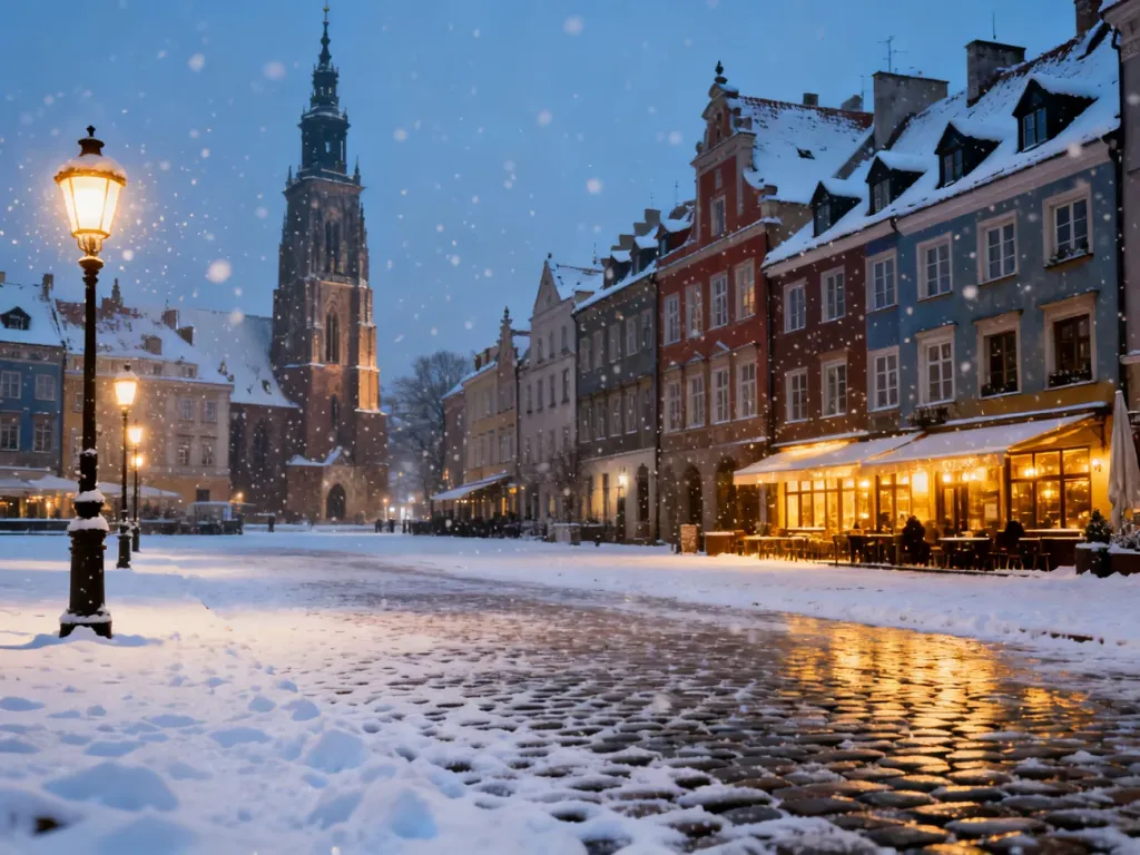 Ośnieżony rynek polskiego miasta z zabytkowymi kamienicami i rozświetlonymi latarniami w zimowy wieczór.