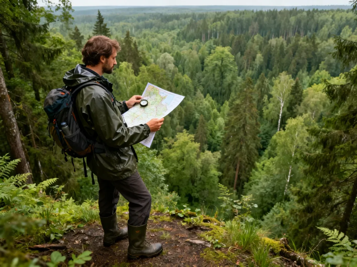Turysta z mapą i kompasem przygotowany do wędrówki w Puszczy Białowieskiej
