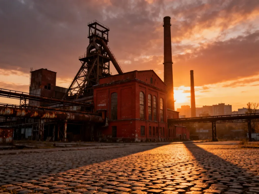 Zabytkowy kompleks fabryczny z czerwonej cegły w Katowicach o zachodzie słońca, podkreślający industrialny klimat miasta.