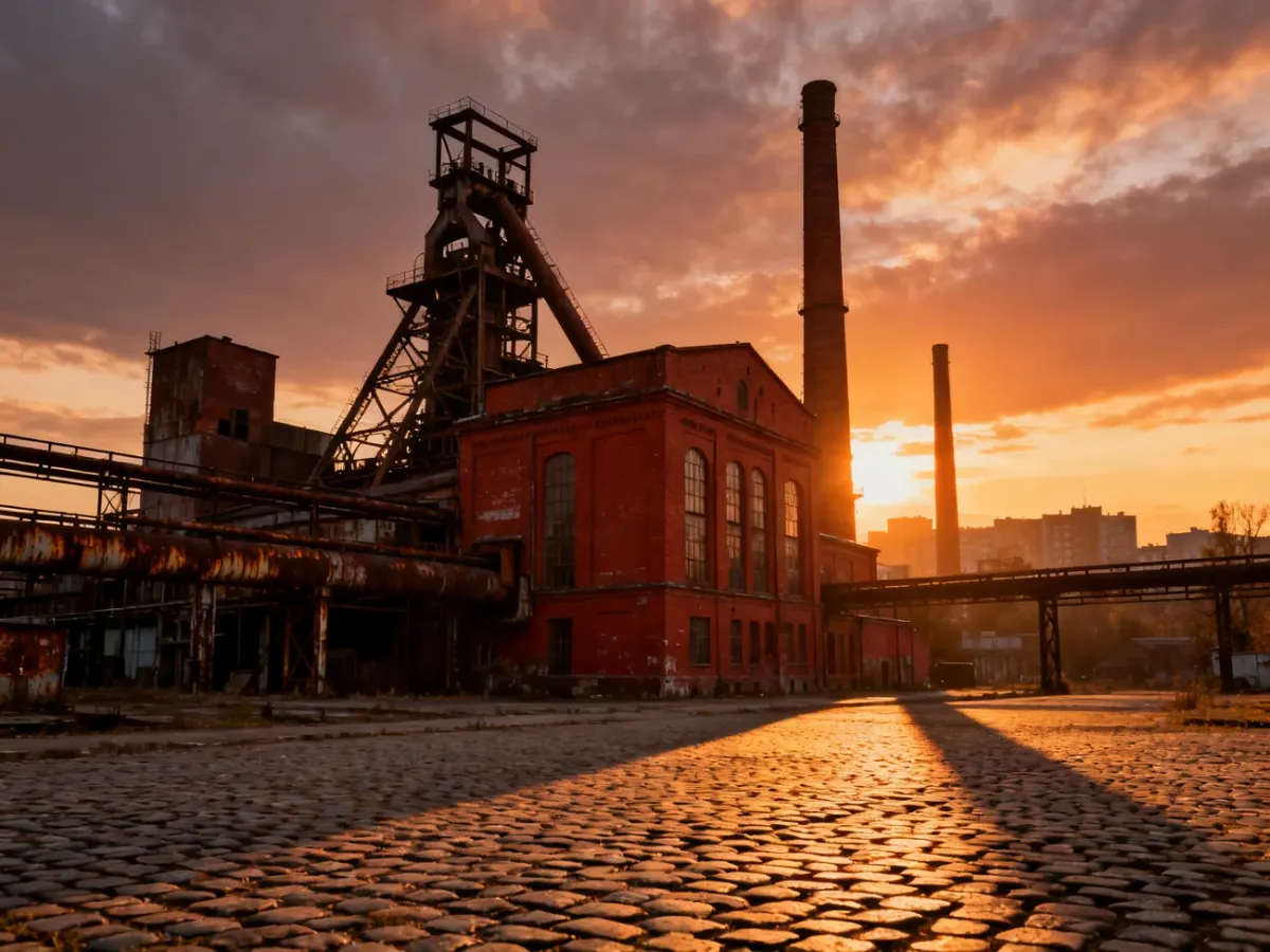 Zabytkowy kompleks fabryczny z czerwonej cegły w Katowicach o zachodzie słońca, podkreślający industrialny klimat miasta.