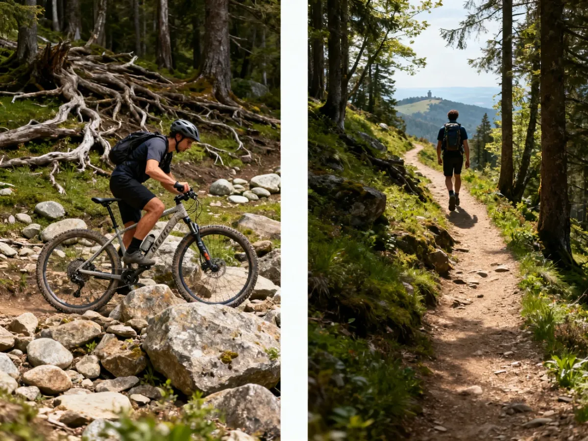 Rowerzysta prowadzący rower po kamienistym odcinku obok pieszego na leśnym szlaku