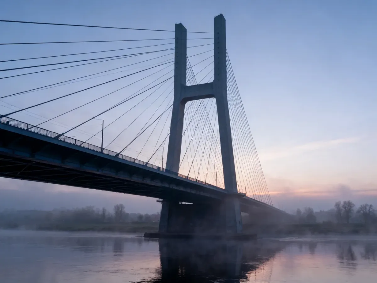 Most Rędziński z wysokim pylonem we mgle o świcie