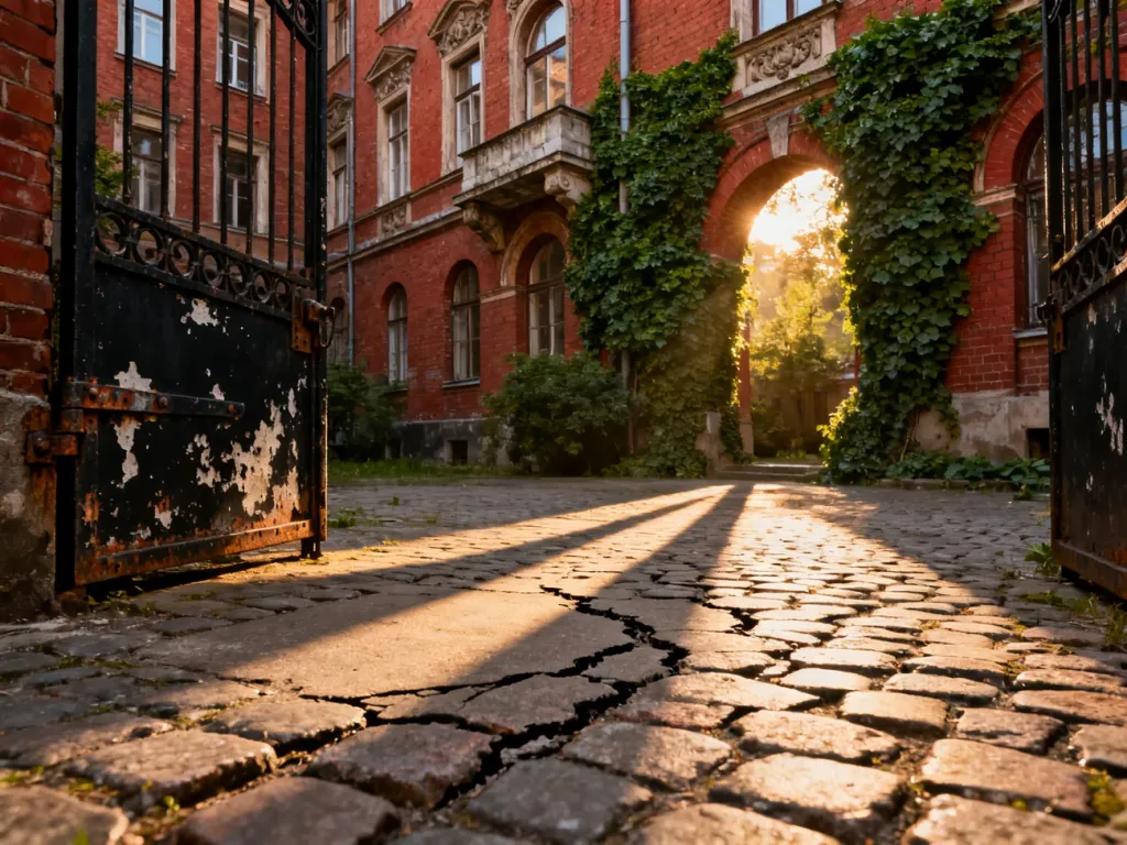 Zabytkowe podwórko w Łodzi z czerwoną cegłą i brukowaną nawierzchnią w świetle zachodzącego słońca.