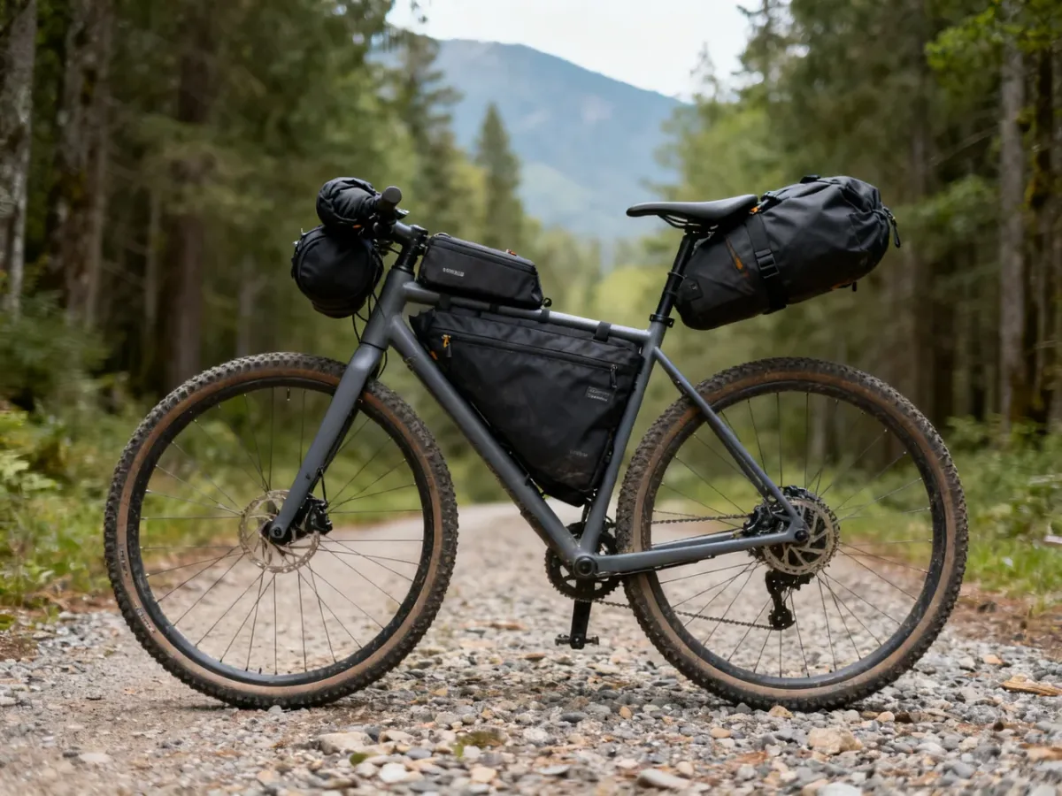 Rower gravelowy wyposażony w trzy podstawowe torby bikepackingowe na leśnej szutrowej trasie