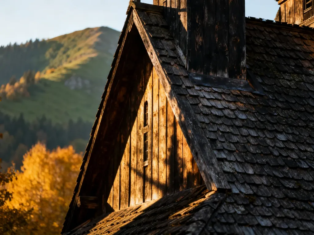 Zbliżenie na detale drewnianej architektury zabytkowej cerkwi na tle jesiennego krajobrazu Karpat.