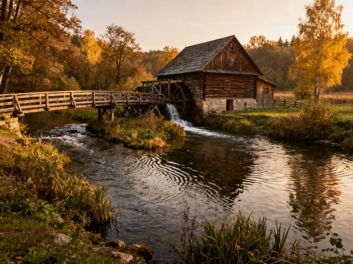 Młyn wodny nad rzeką w historycznym krajobrazie
