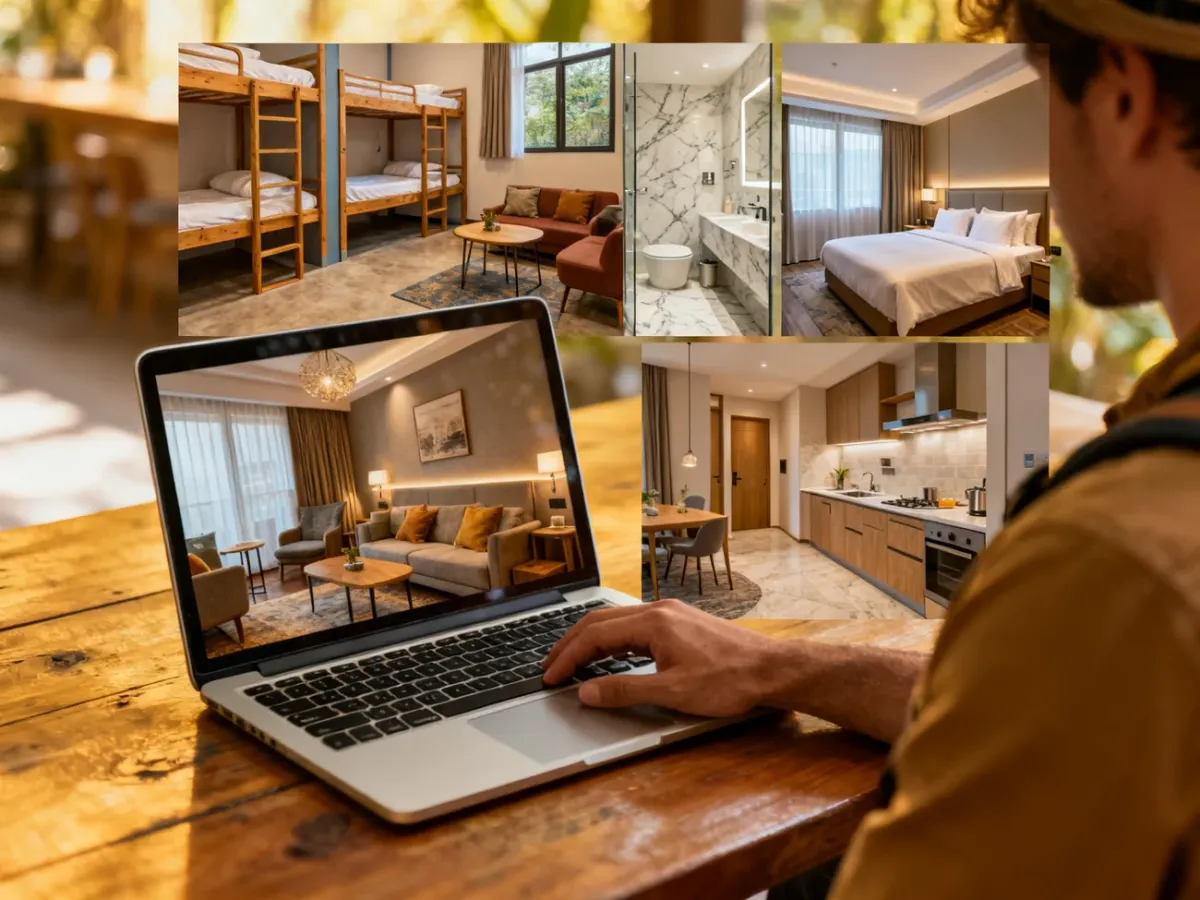Podróżnik porównujący oferty hosteli, hoteli i apartamentów