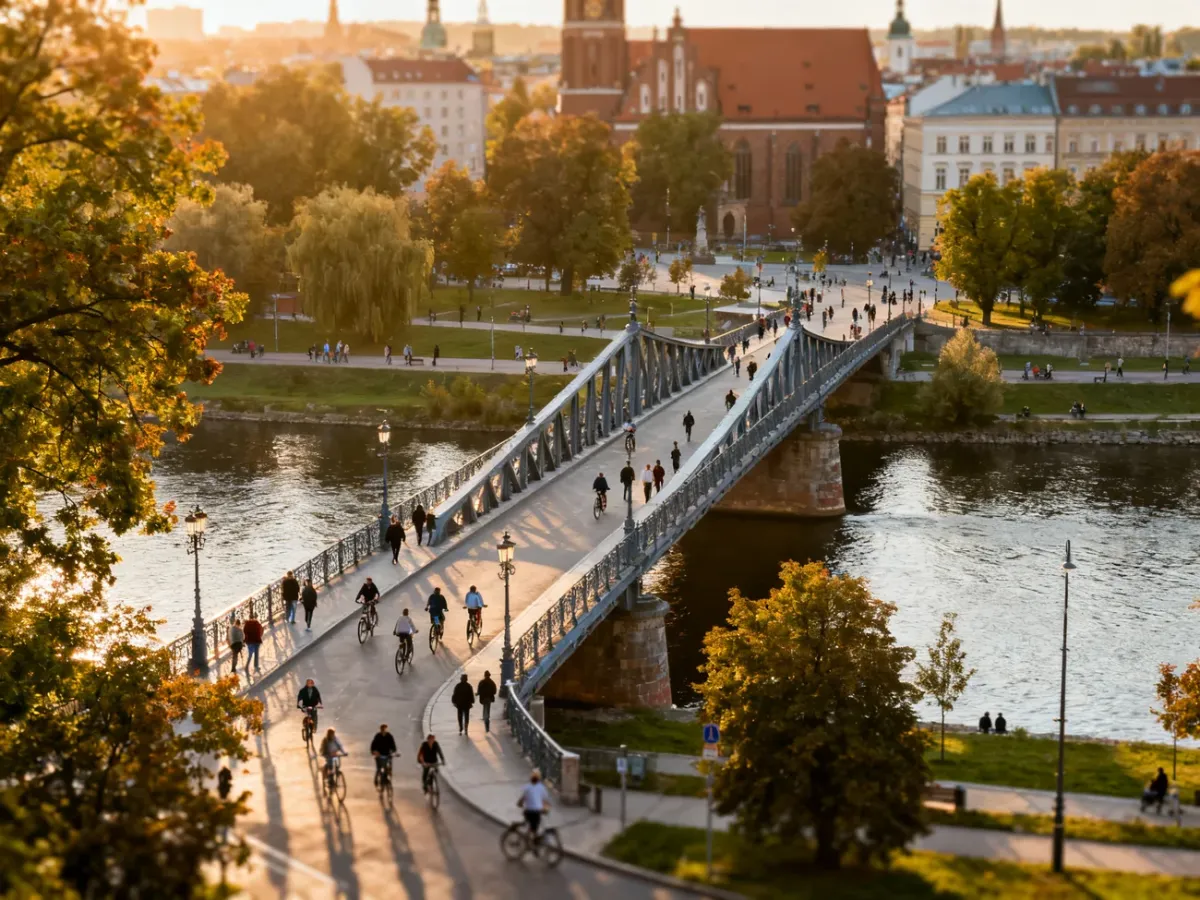 Spacer pieszych i rowerzystów między wyspami Wrocławia