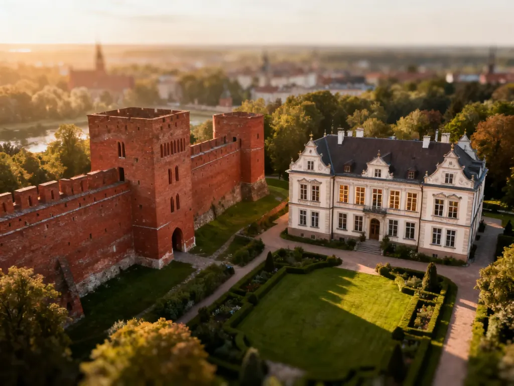 Zestawienie surowej twierdzy krzyżackiej z cegły oraz eleganckiej rezydencji magnackiej z ogrodem.
