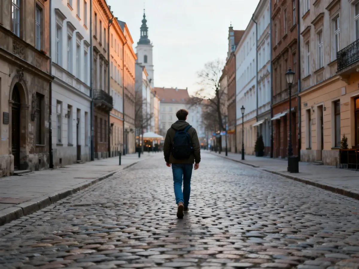 Turysta zwiedzający spokojne polskie miasto poza sezonem