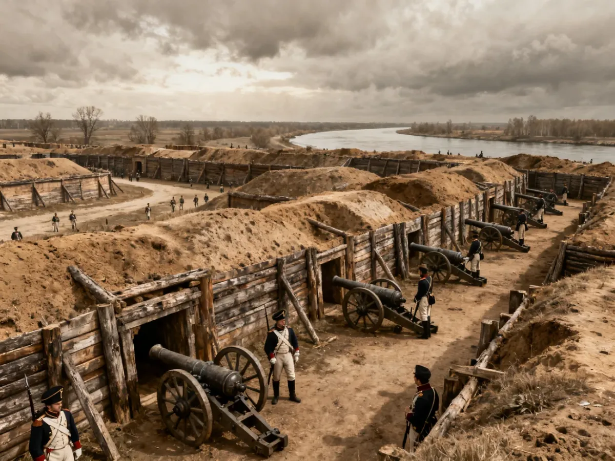Napoleonic-era Modlin Fortress with soldiers and earthworks beside the rivers