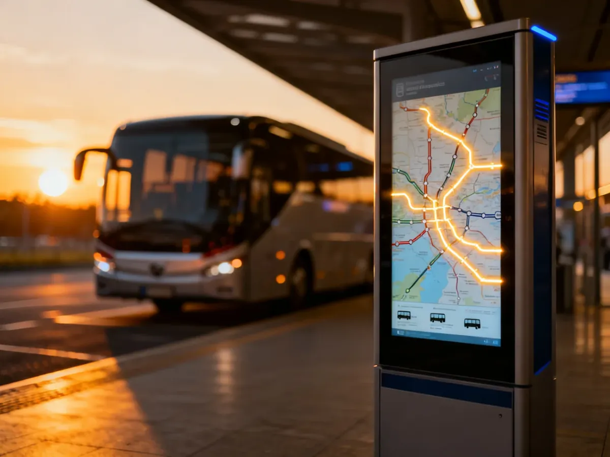 Nowoczesny terminal autobusowy z podświetlanym kioskiem informacyjnym prezentującym mapę połączeń o zachodzie słońca.