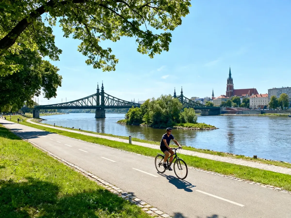 Rowerzysta na bulwarach nad Odrą we Wrocławiu
