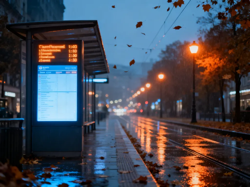 Nowoczesny przystanek tramwajowy w deszczowy jesienny wieczór z czytelną tablicą świetlną informującą o przyjazdach.