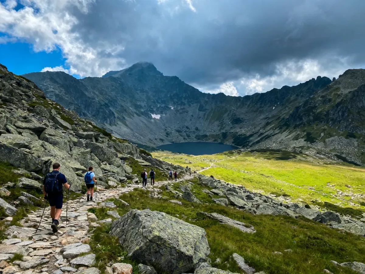 Rocky trail and glacial cirques in the Karkonosze Mountains