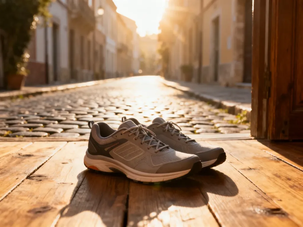 Wygodne buty trekkingowe na drewnianej podłodze na tle słonecznej, europejskiej uliczki, zachęcające do komfortowego zwiedzania.