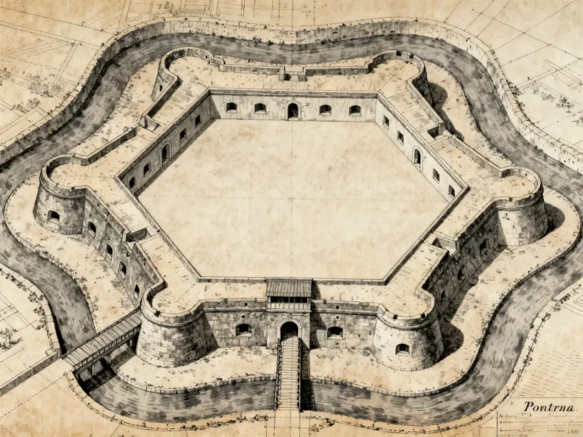 Fragment planu twierdzy z bastionem, fosą, kazamatami i poterną