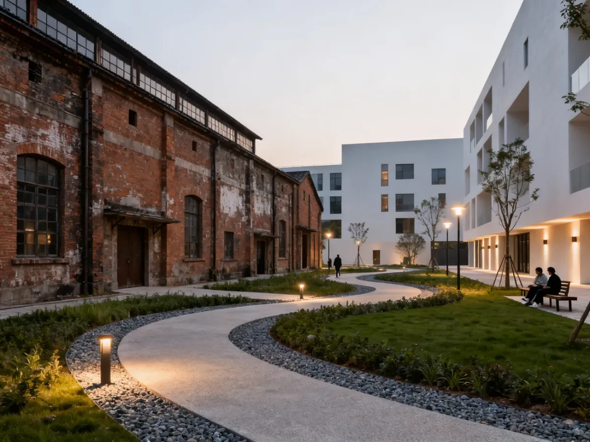Spokojna przestrzeń Monopolis łącząca zabytkową zabudowę przemysłową z nowoczesną architekturą
