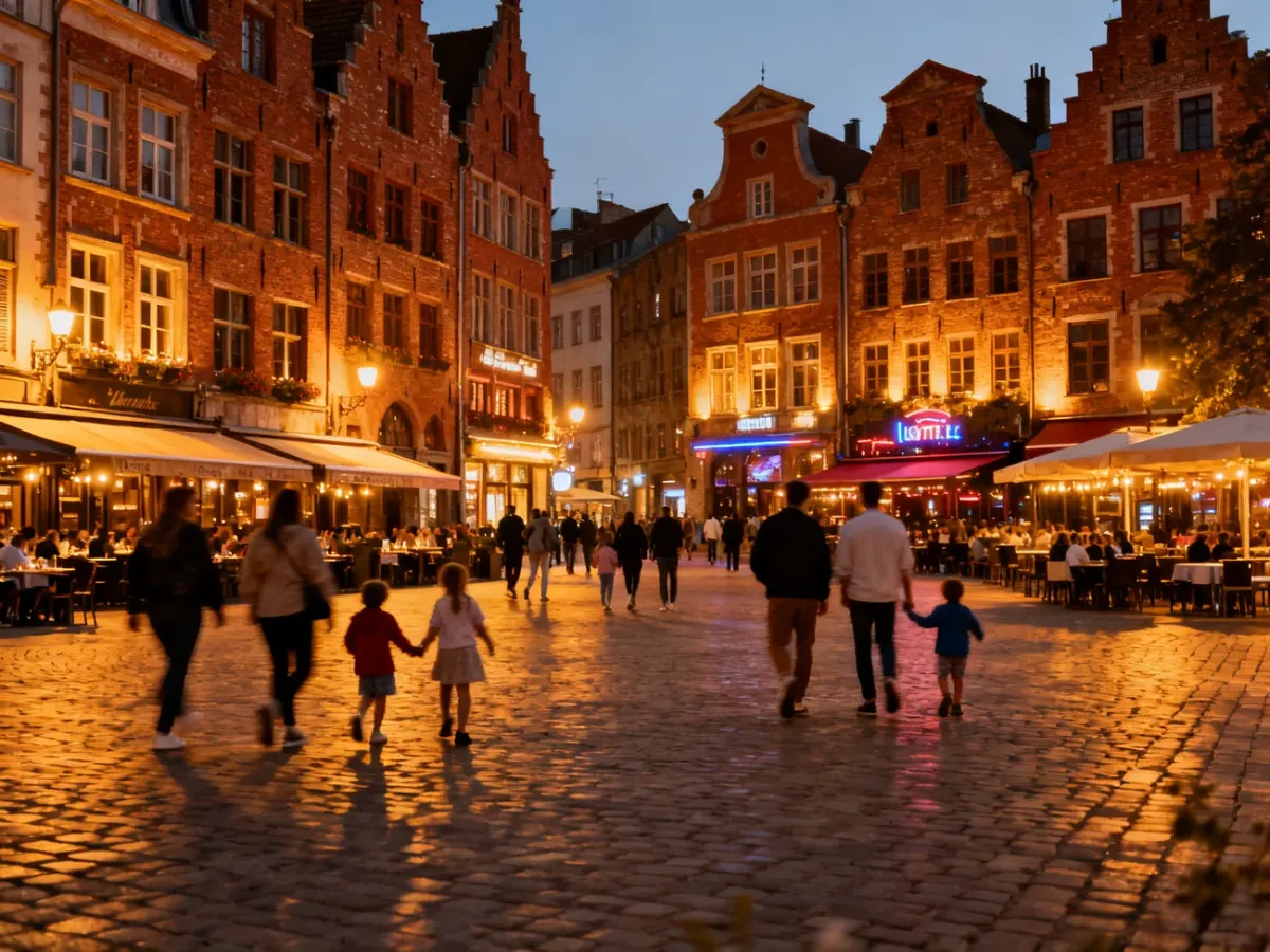 Wieczorna, pełna ruchu przestrzeń Manufaktury z iluminowanymi budynkami