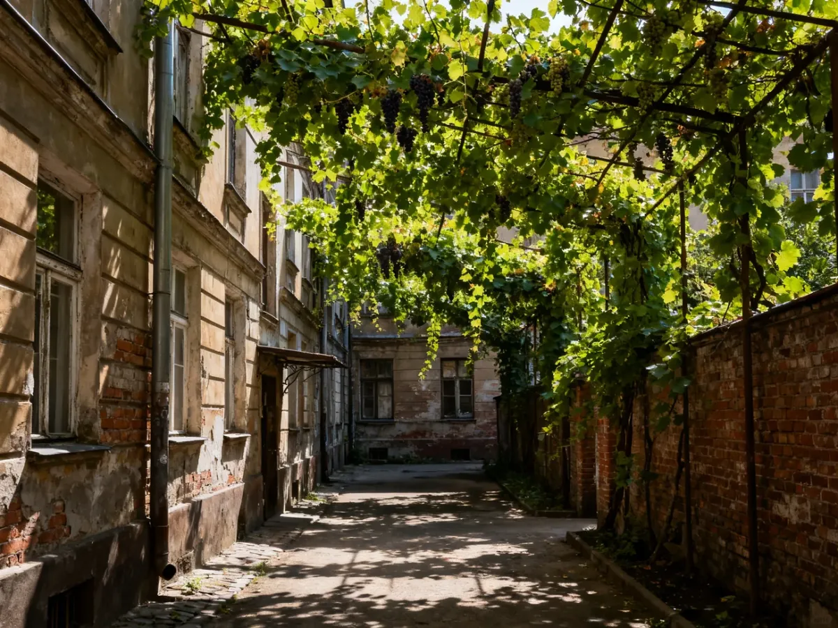 Zielone sklepienie z winorośli i bluszczu nad podwórkiem przy Piotrkowskiej