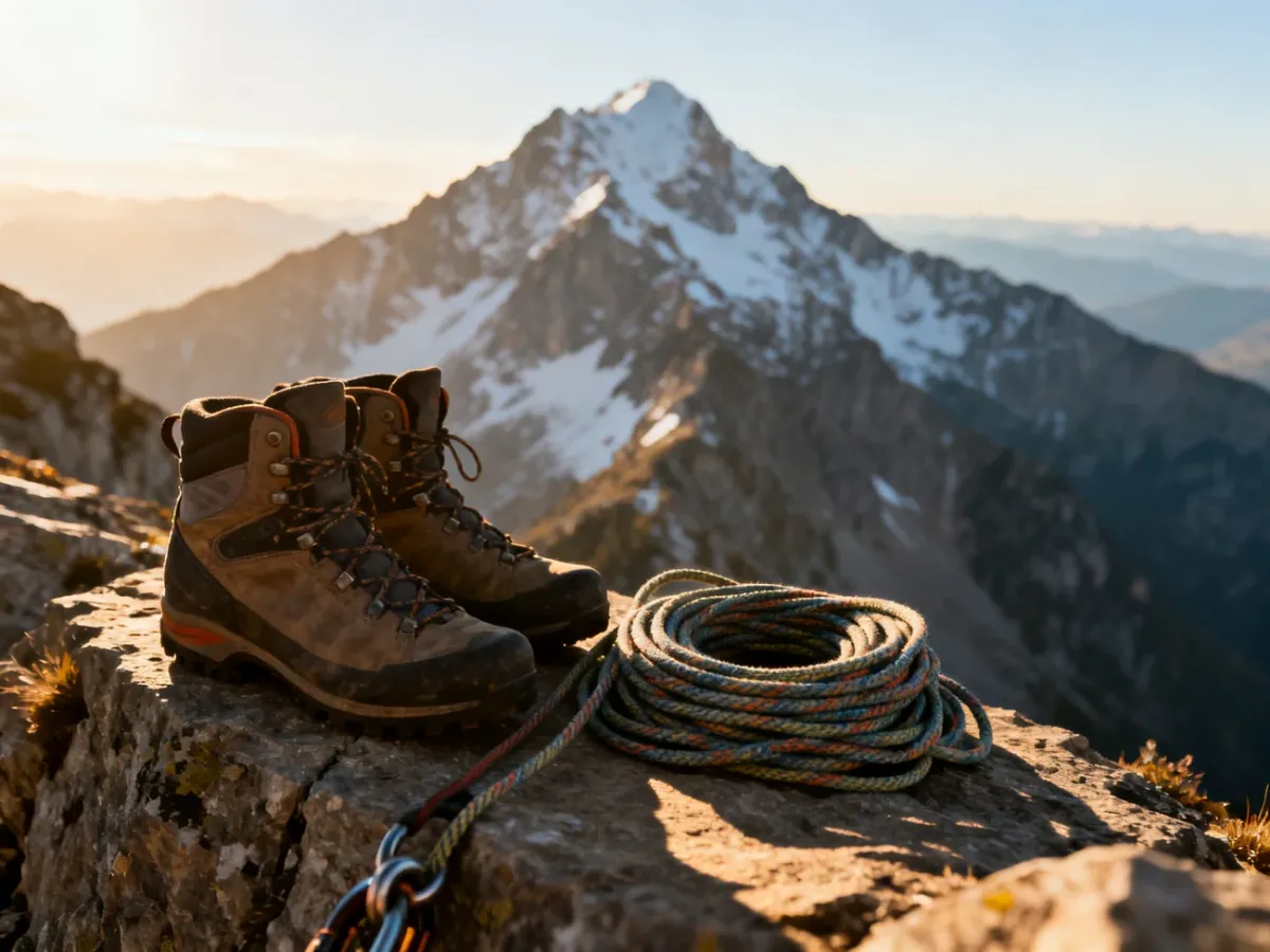 Profesjonalne buty trekkingowe i lina wspinaczkowa na tle ośnieżonych szczytów górskich w świetle poranka.