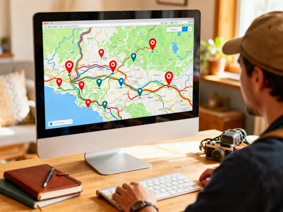 Planowanie wycieczki na komputerze z mapą pełną pinezek i tras