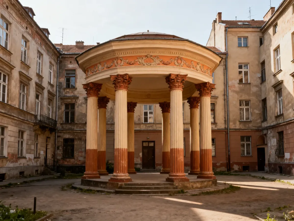 Neoklasycystyczny pawilon z kolumnami na podwórku dawnego domu towarowego