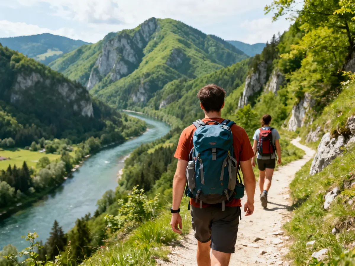 Hikers overlooking the Dunajec River from the Pieniny Mountains
