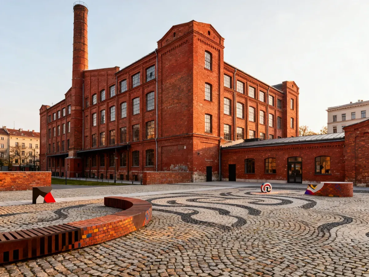 Revitalized red-brick textile factory complex in Łódź