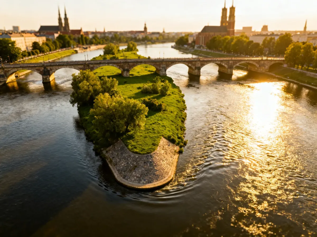 Widok z lotu ptaka na zielone wyspy na Odrze we Wrocławiu oraz zabytkowe mosty w promieniach popołudniowego słońca.