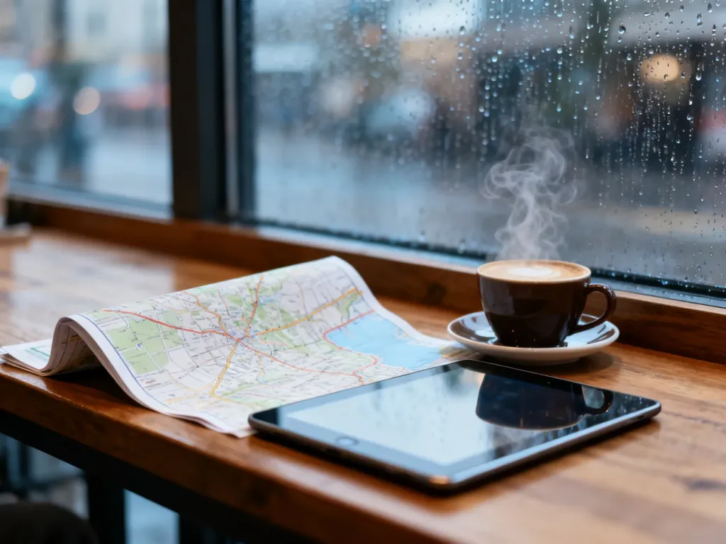 Planowanie wycieczki z mapą i tabletem przy kawie, podczas gdy za oknem pada deszcz.