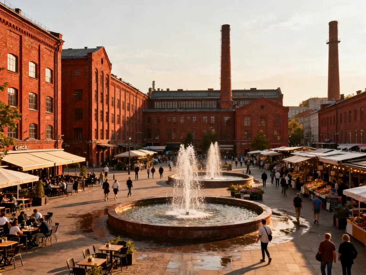Tętniący życiem rynek Manufaktury otoczony ceglanymi budynkami dawnej fabryki