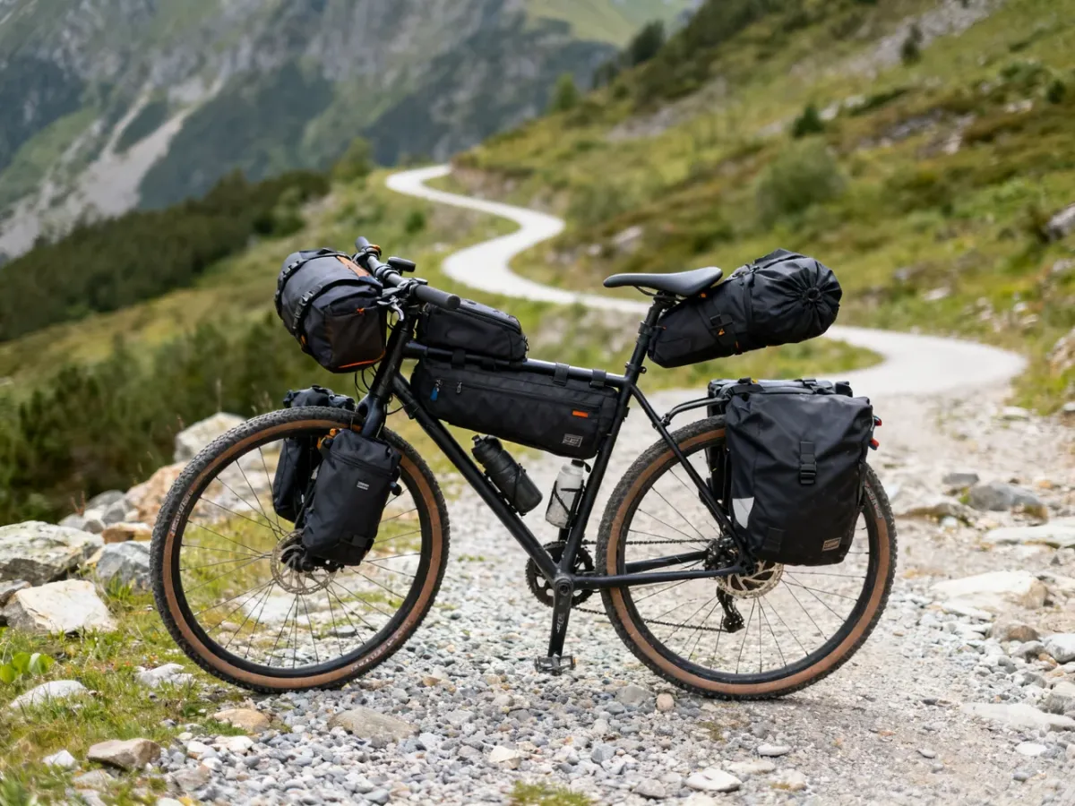 Rower z torbami bikepackingowymi na górskim szlaku