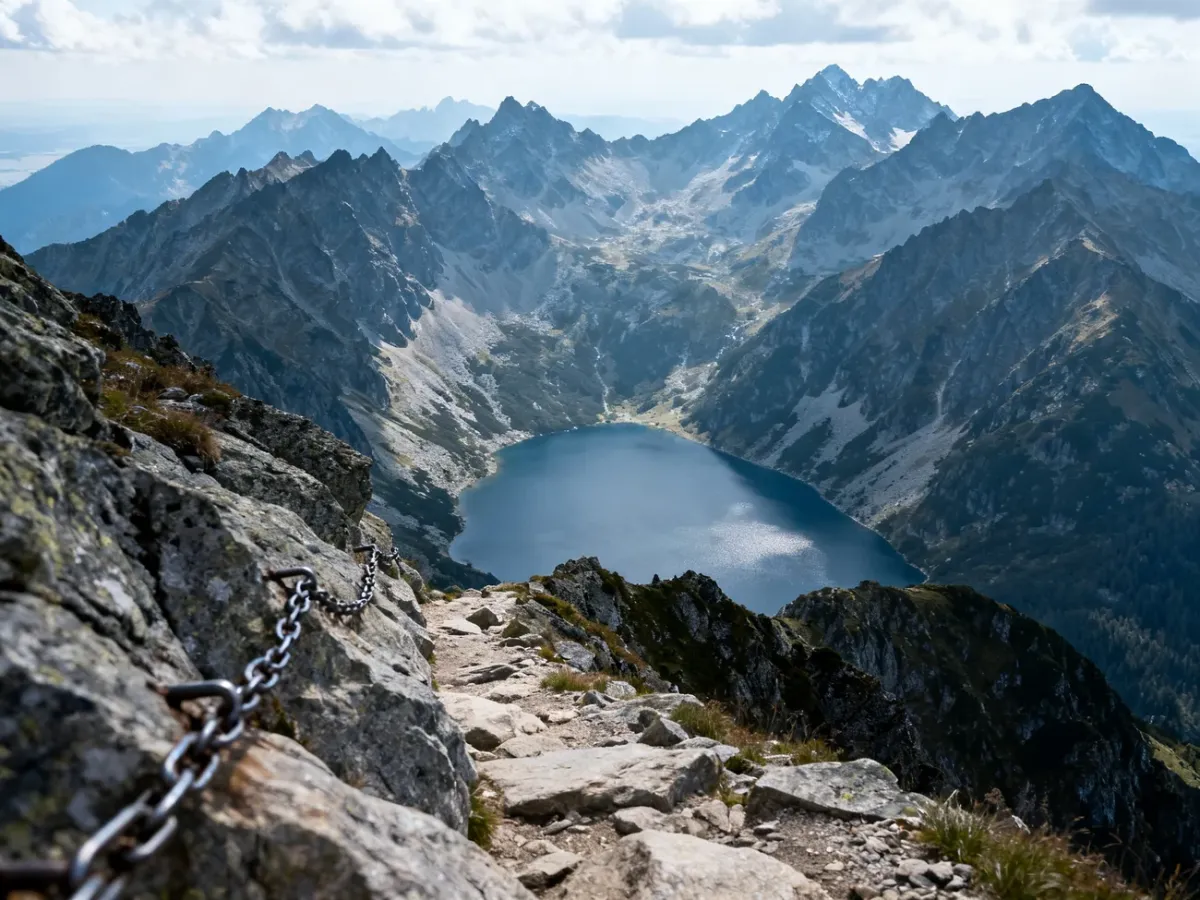 Panorama Tatr ze Szpiglasowego Wierchu z widokiem na Morskie Oko i wysokogórski szlak