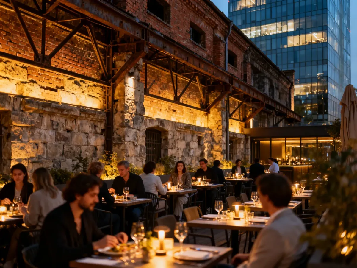 Kameralna kolacja na tarasie restauracji w wieczornym Monopolis