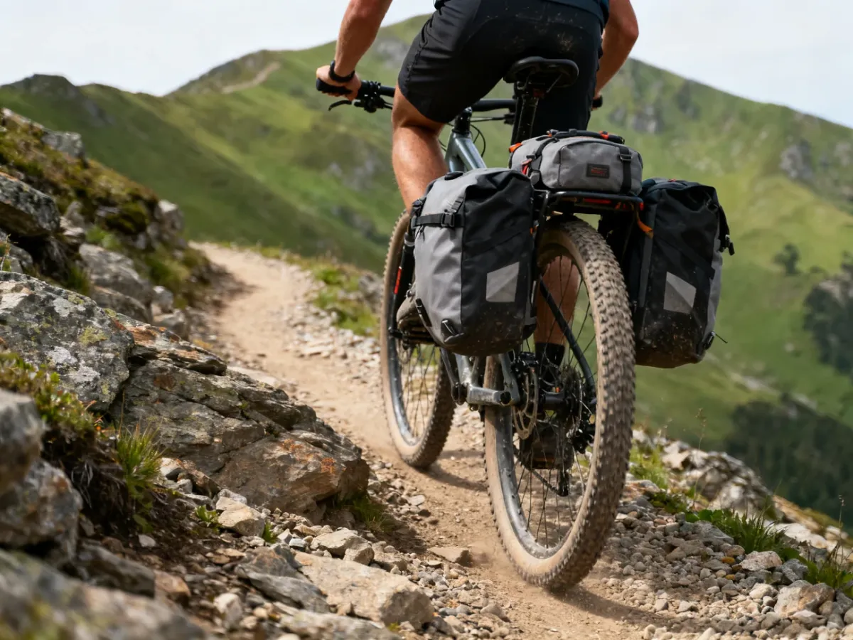 Rower gravelowy z torbami bikepackingowymi na kamienistej trasie