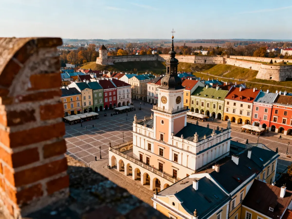 Renesansowy rynek Starego Miasta w Zamościu z kolorowymi kamienicami i ratuszem