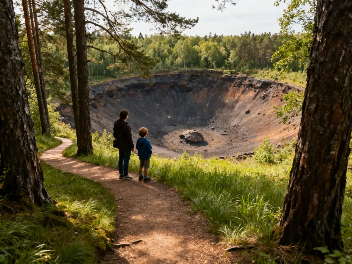 Rodzic z dzieckiem obserwujący krater meteorytowy w lesie