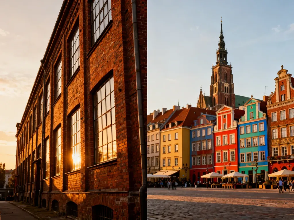 Zestawienie industrialnej architektury Łodzi z kolorowym rynkiem we Wrocławiu w świetle zachodzącego słońca.