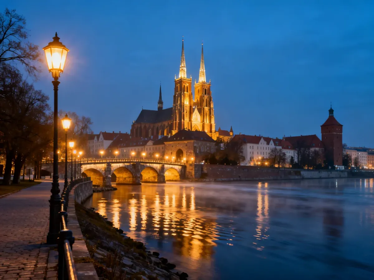 Ostrów Tumski in Wrocław illuminated at dusk beside the Oder River