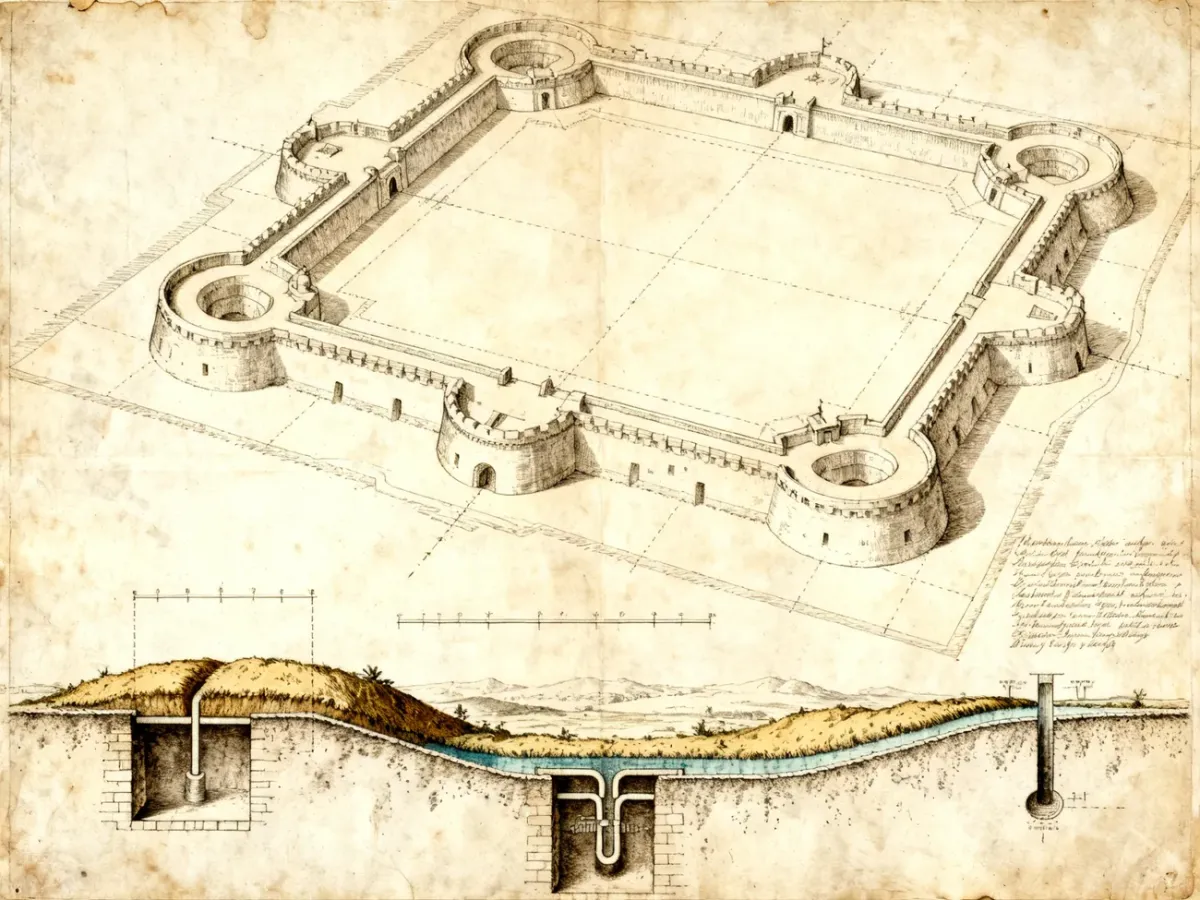 Historyczny plan fortyfikacji zestawiony z przekrojem wału, fosy i podziemnych przejść