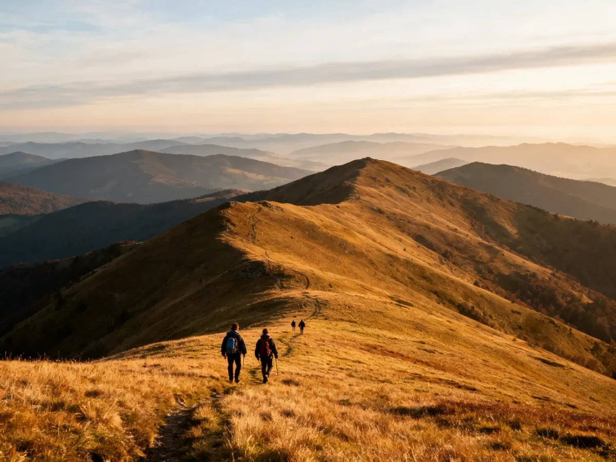 Hikers crossing the spacious grassy ridge of Połonina Wetlińska