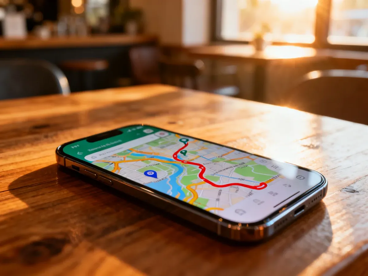 Smartfon z otwartą aplikacją map i wyznaczoną trasą wycieczki, leżący na drewnianym stole w przytulnej kawiarni.